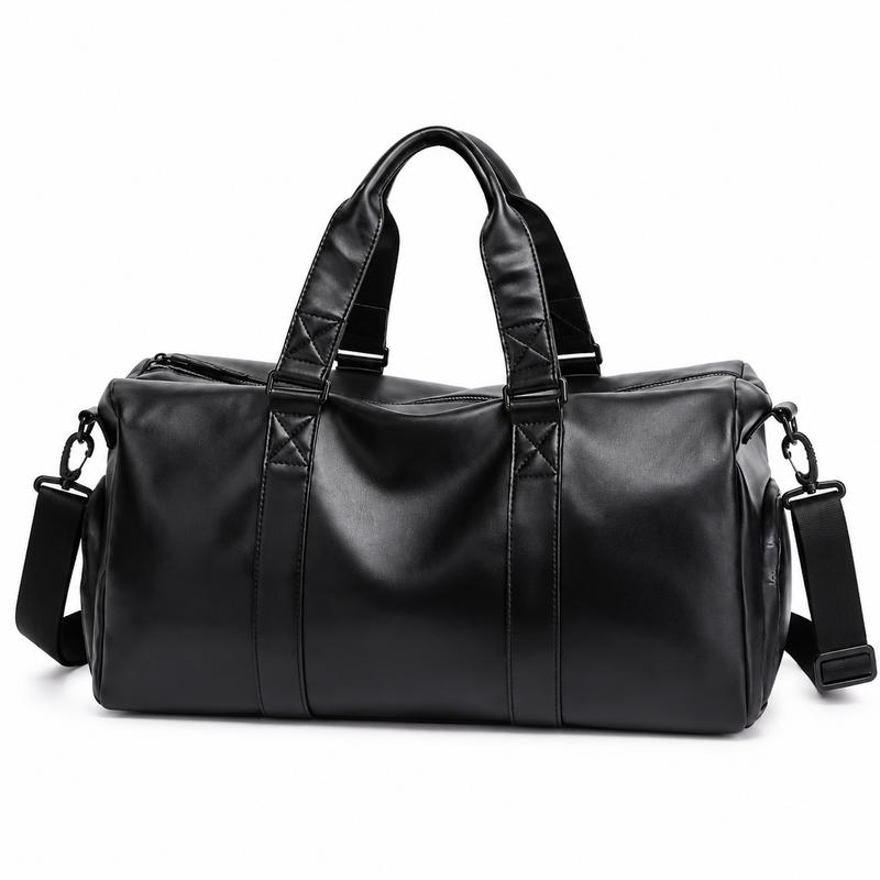 Classic Black Leather Travel Duffel Bag-2