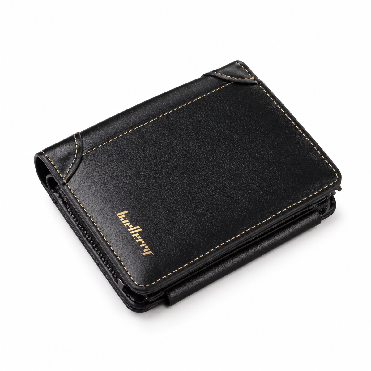 Classic Black Compact Wallet With Stitching-2