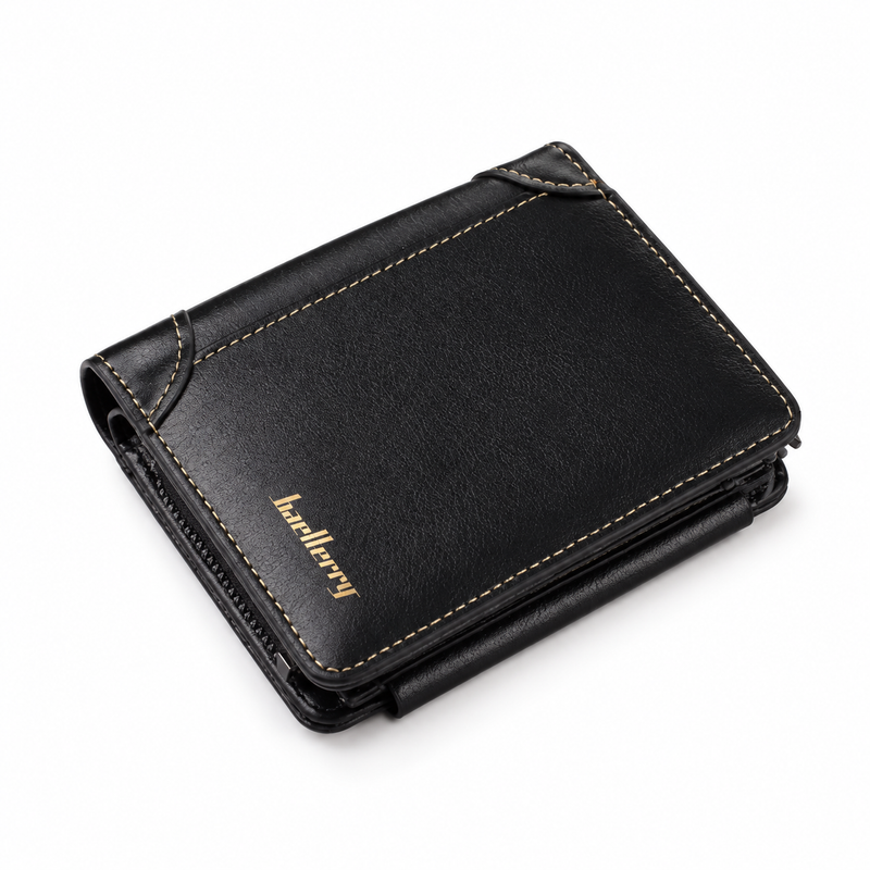 Classic Black Compact Wallet With Stitching-2