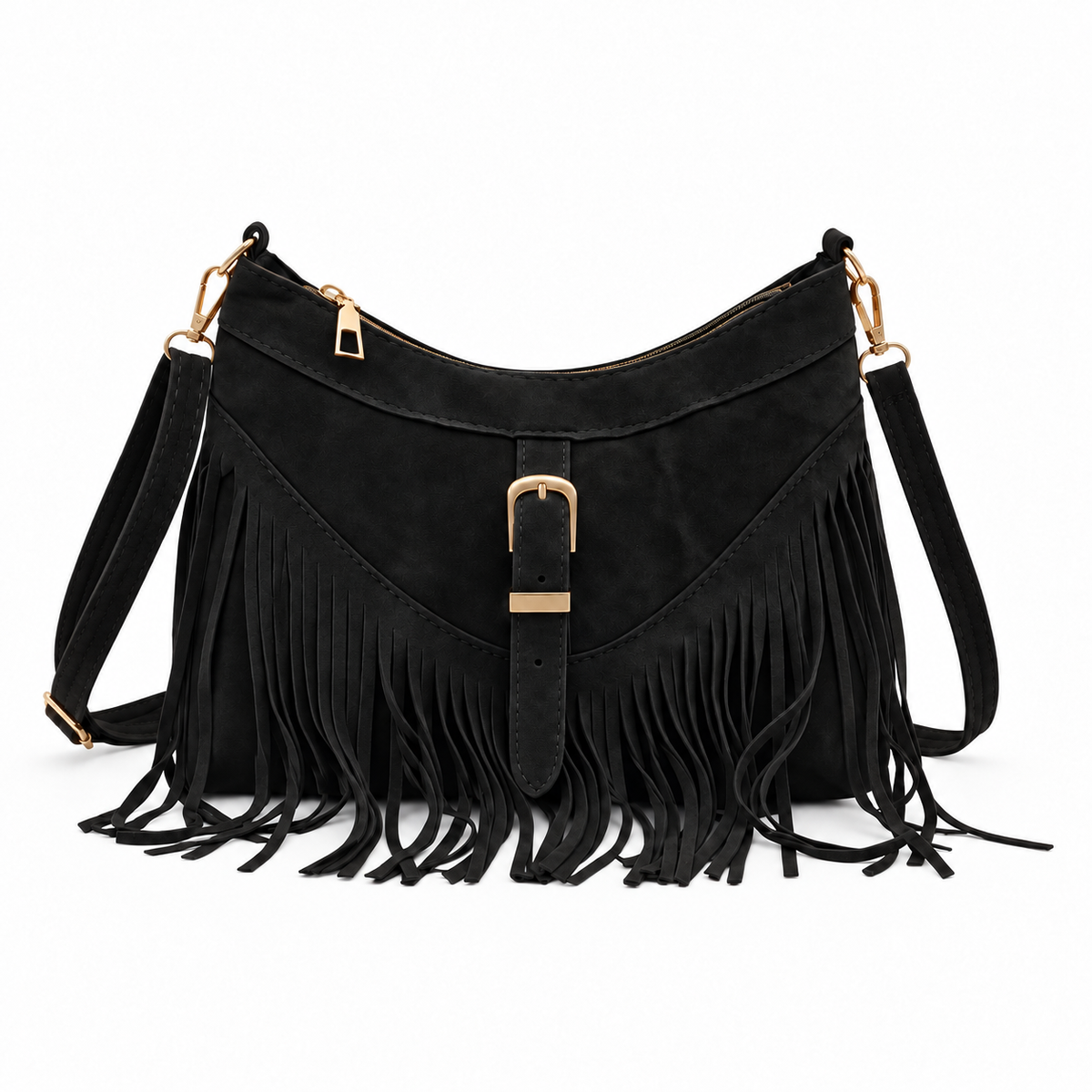 Vintage Black Fringe Buckle Detail Shoulder Bag-3