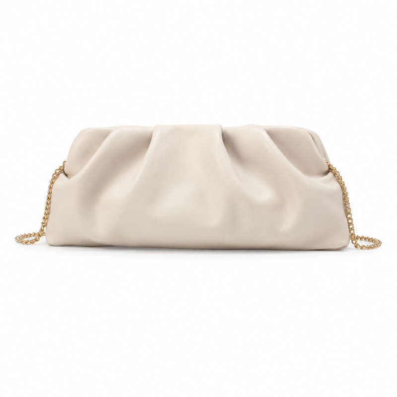 Ivory Ruched Clutch Bag with Gold Chain Strap-2
