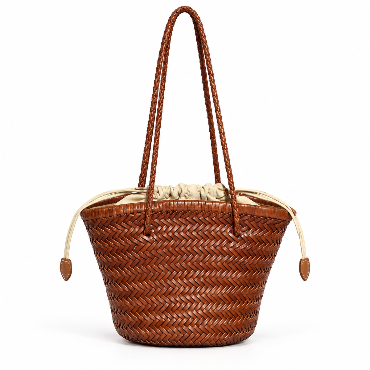 Brown Woven Tote With Braided Handles-2