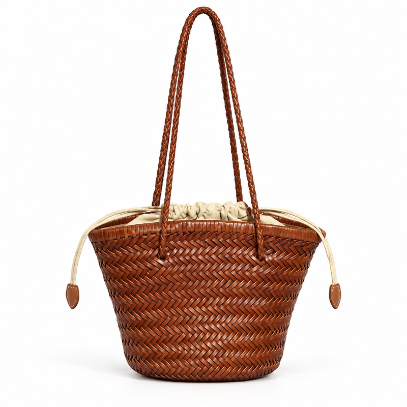 Brown Woven Tote With Braided Handles-2
