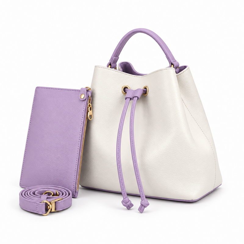 White Purple Drawstring Bucket Handbag Set-3