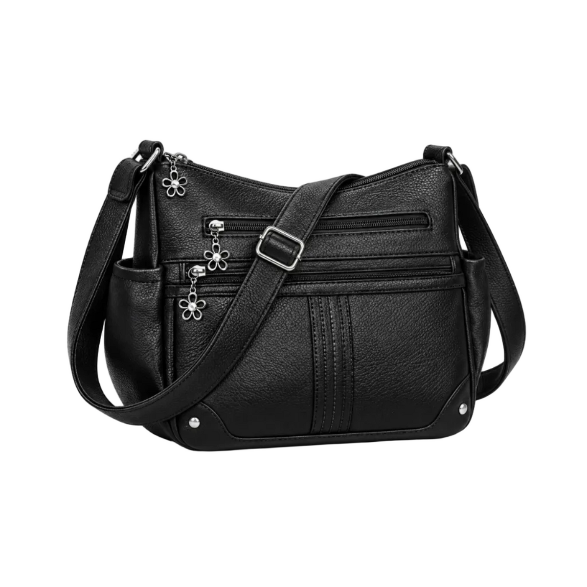 Black Textured Satchel Bag With Pockets-1