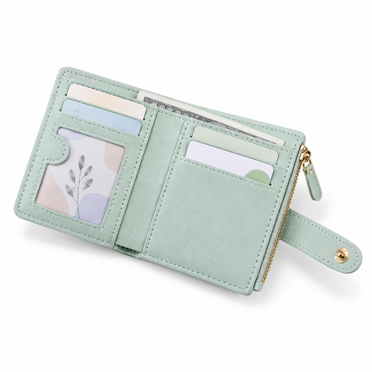 Mint Green Compact Bifold Zipper Wallet