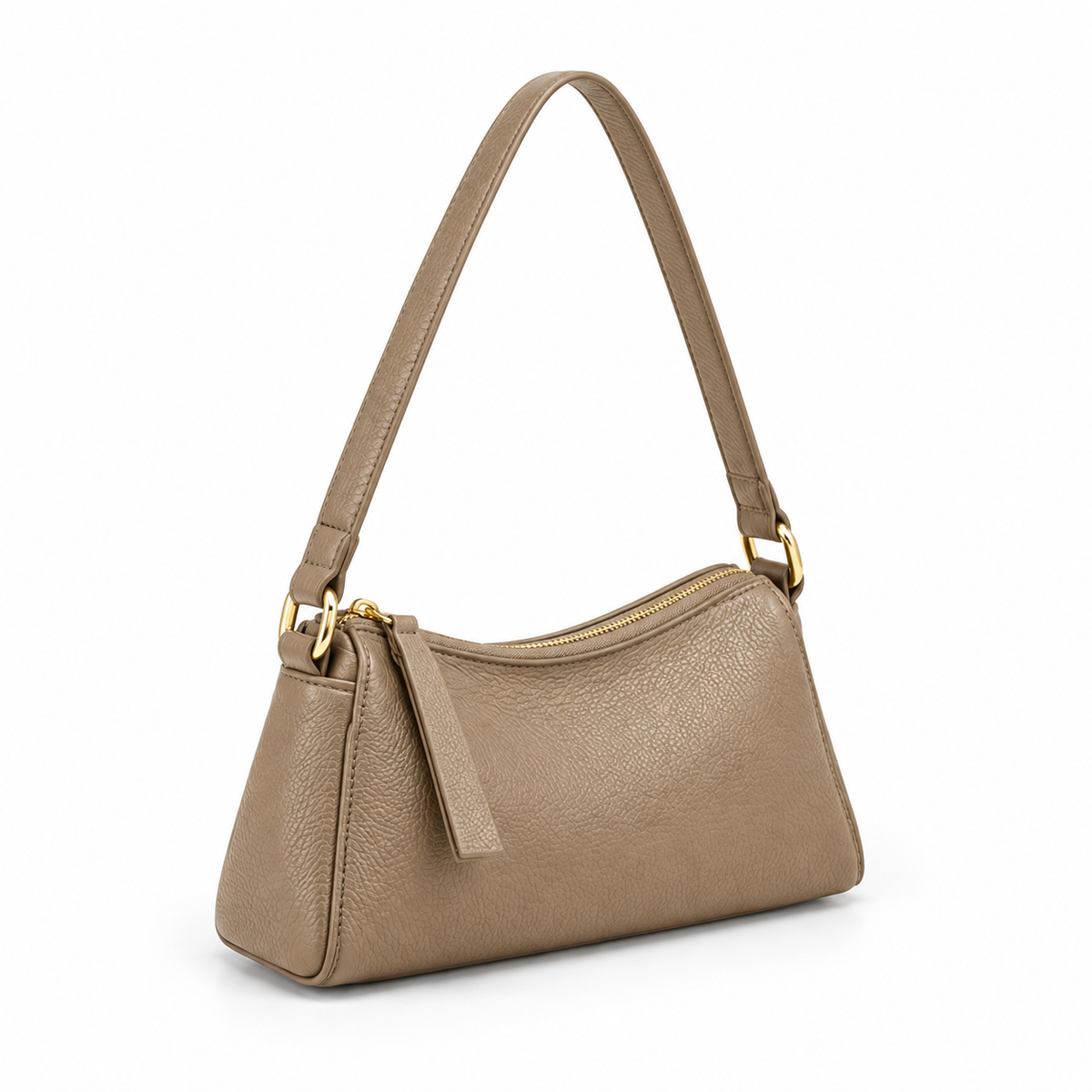 Khaki Textured Leather Shoulder Baguette Bag