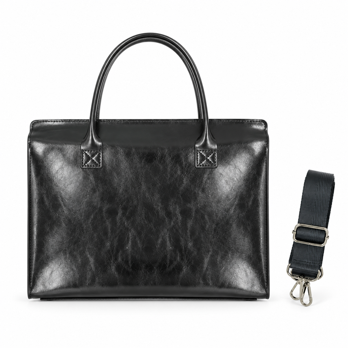 Classic Black Leather Laptop Tote Bag