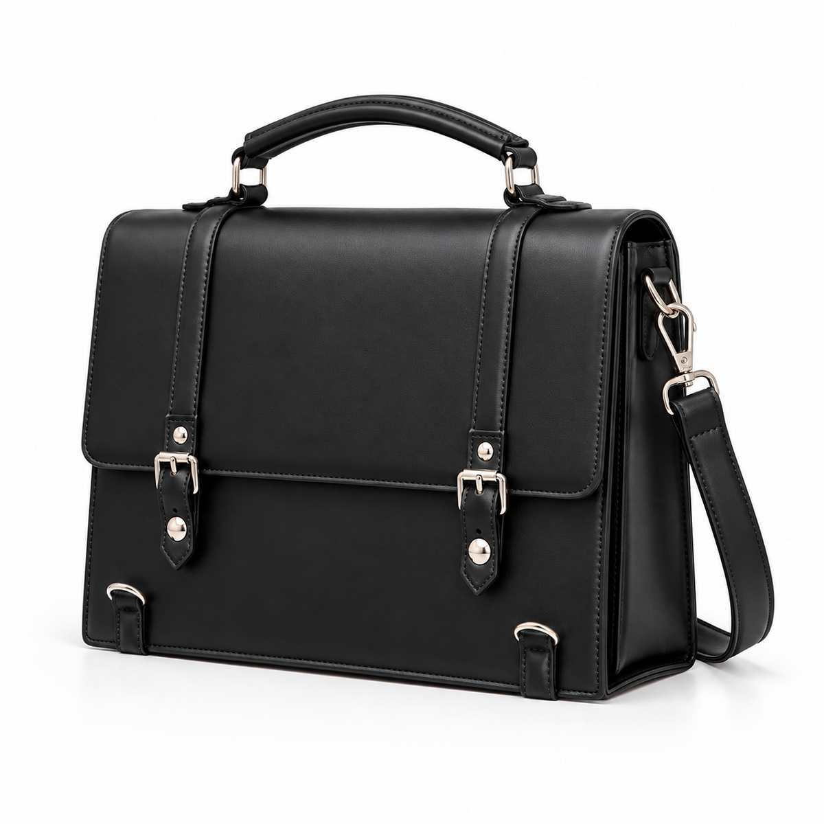 Black Structured Buckle Shoulder Satchel Bag-3