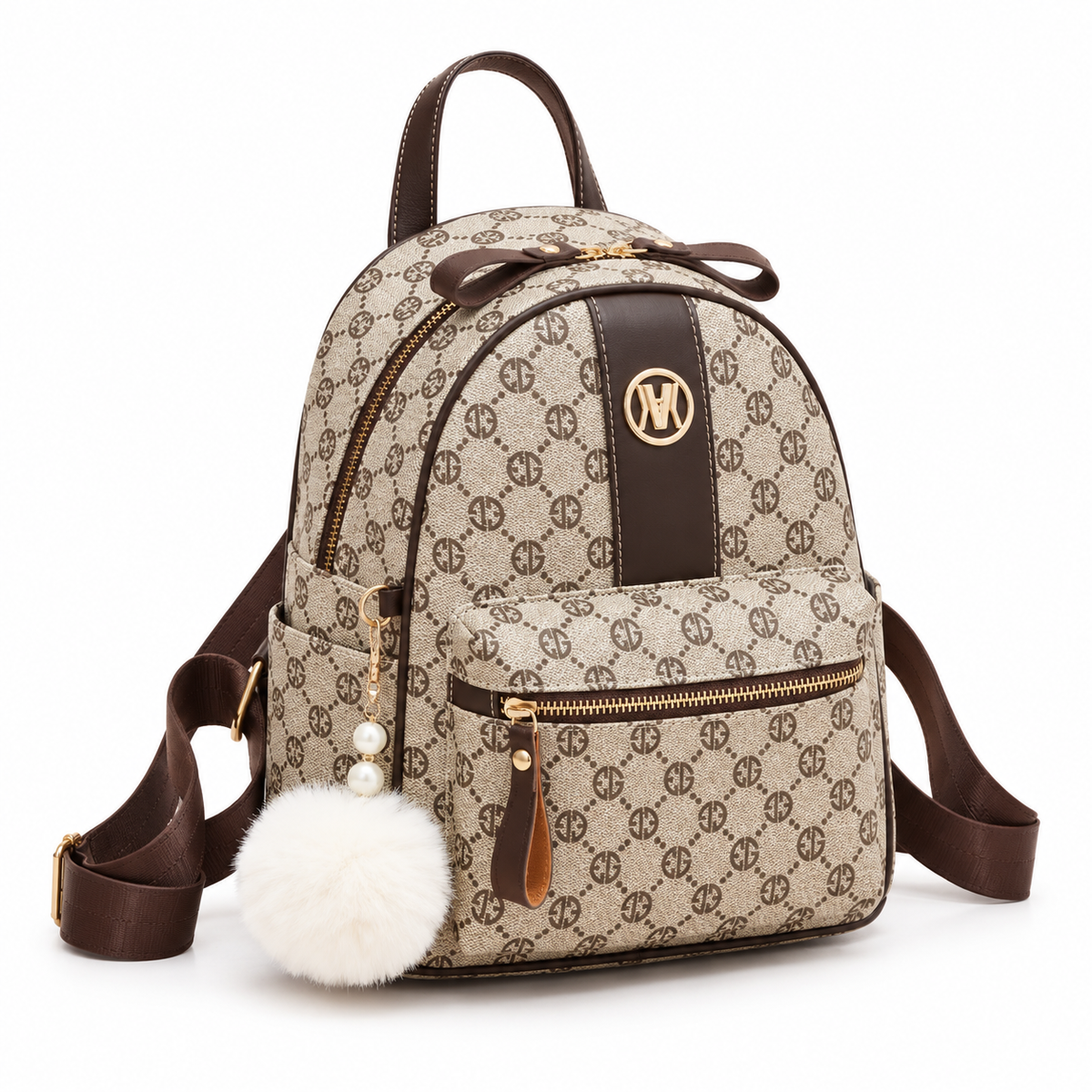 Elegant Monogram Backpack With PomPom Charm