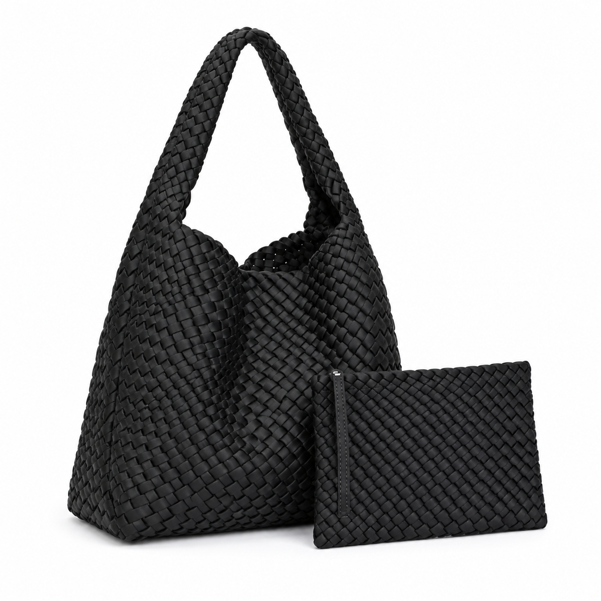 Black Woven Shoulder Bag With Pouch-1