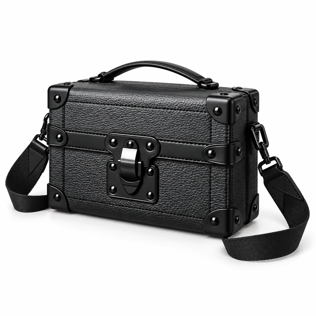Black Vegan Leather Trunk Crossbody Bag-3