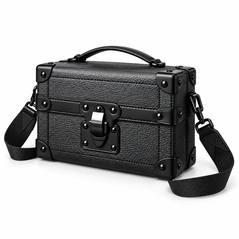 Black Vegan Leather Trunk Crossbody Bag-3