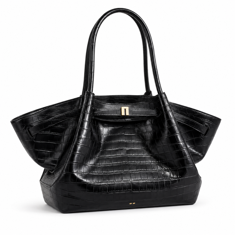 Luxury Black Crocodile-Embossed Winged Tote Bag-1