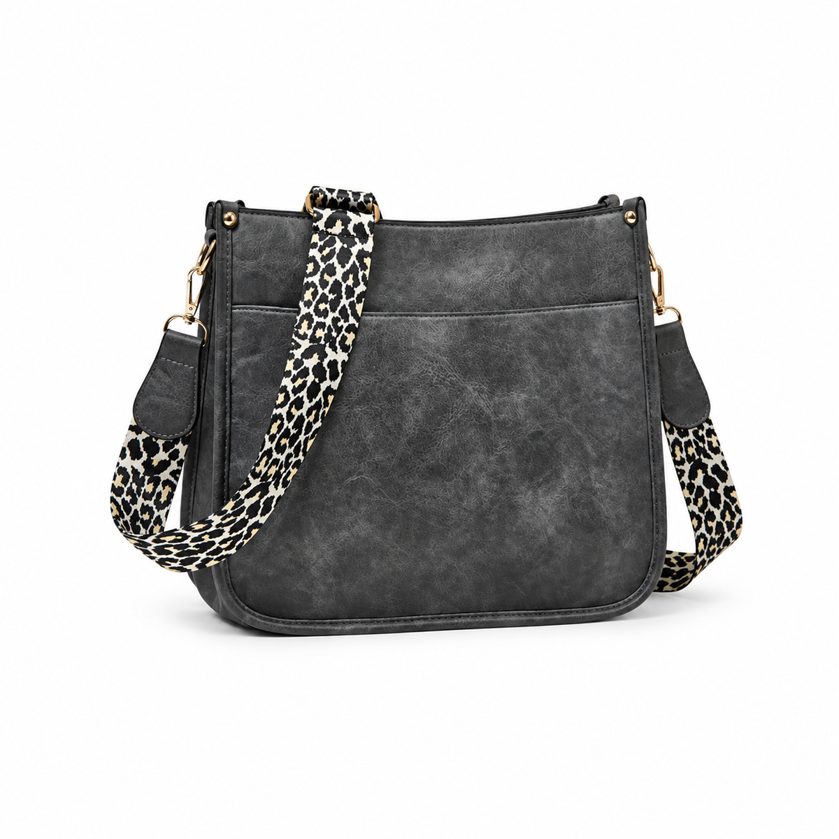 Charcoal Crossbody Bag With Leopard Strap-1