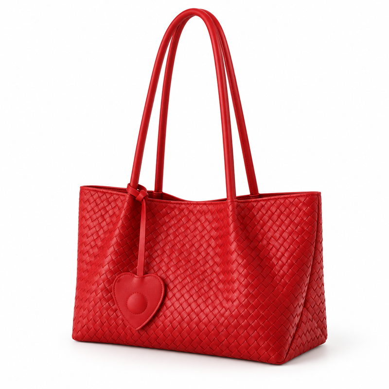 Red Woven Tote With Heart Charm-3