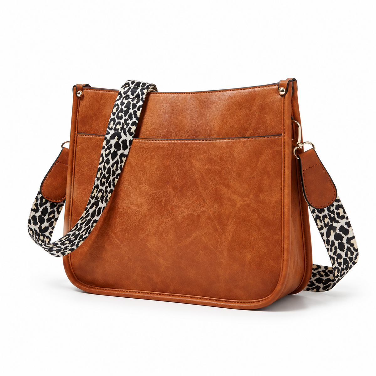 Brown Crossbody Bag With Leopard Strap-3