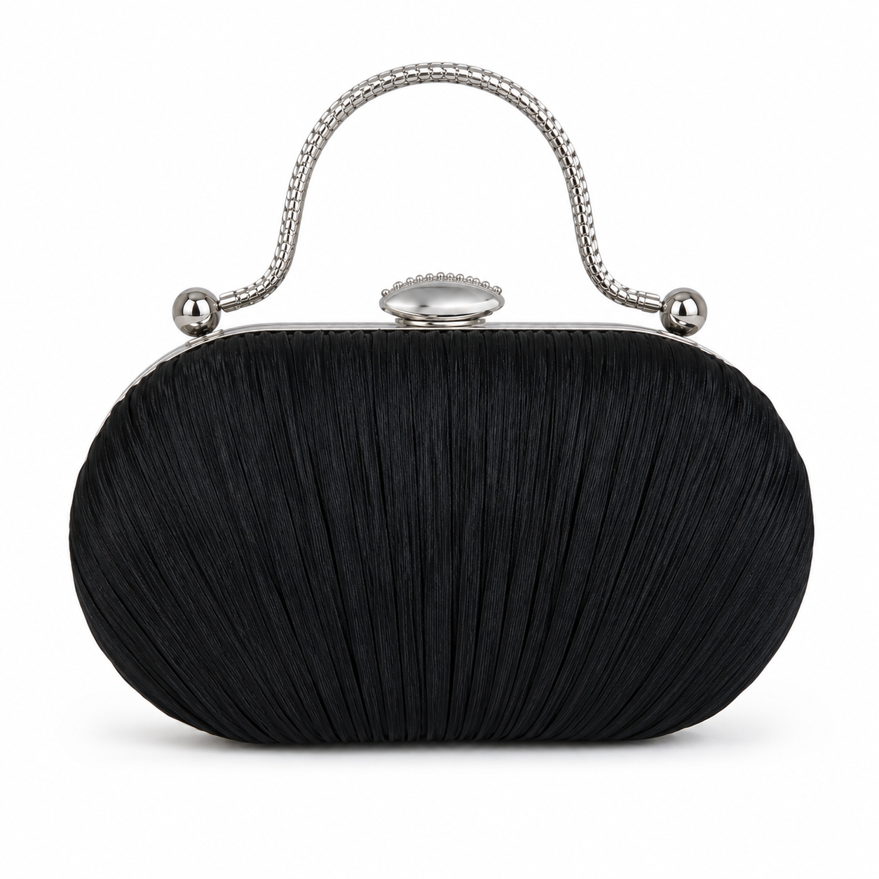Black Pleated Evening Clutch Bag with Silver Handle-4