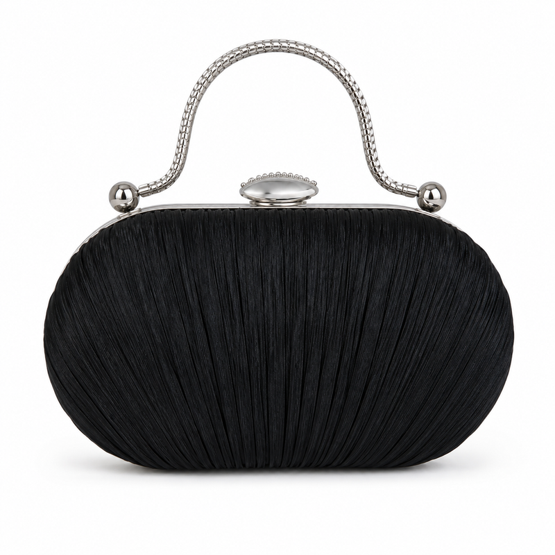 Black Pleated Evening Clutch Bag with Silver Handle-4