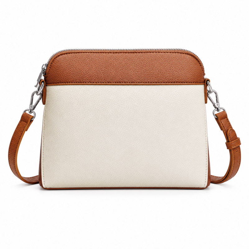 Cream And Brown Zippered Crossbody Bag-2