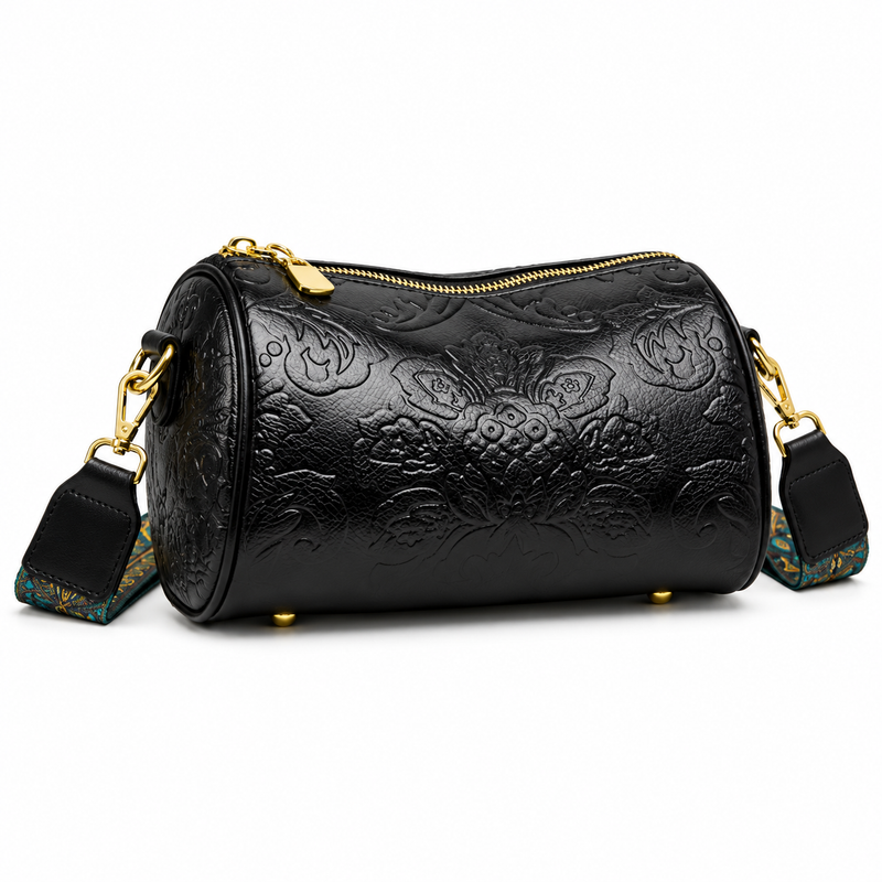 Black Floral Embossed Barrel Vintage Crossbody Bag-1