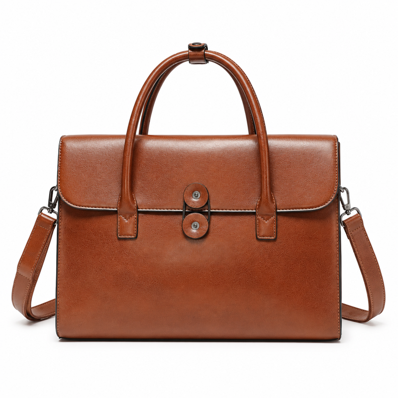 Classic Cognac Leather Briefcase With Strap-4