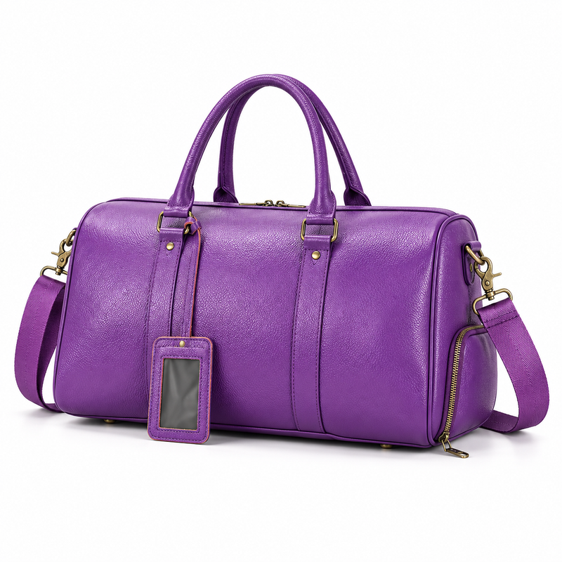 Purple Leather Duffel Bag With Strap-2