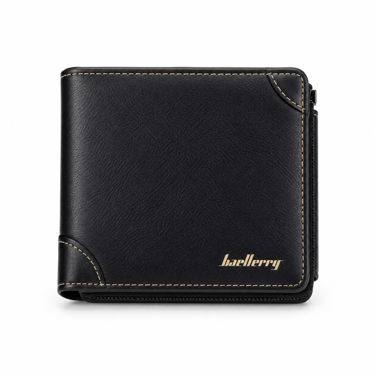 Classic Black Compact Wallet With Stitching-1