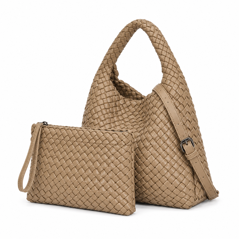 Khaki Woven Hobo Bag With Pouch-3