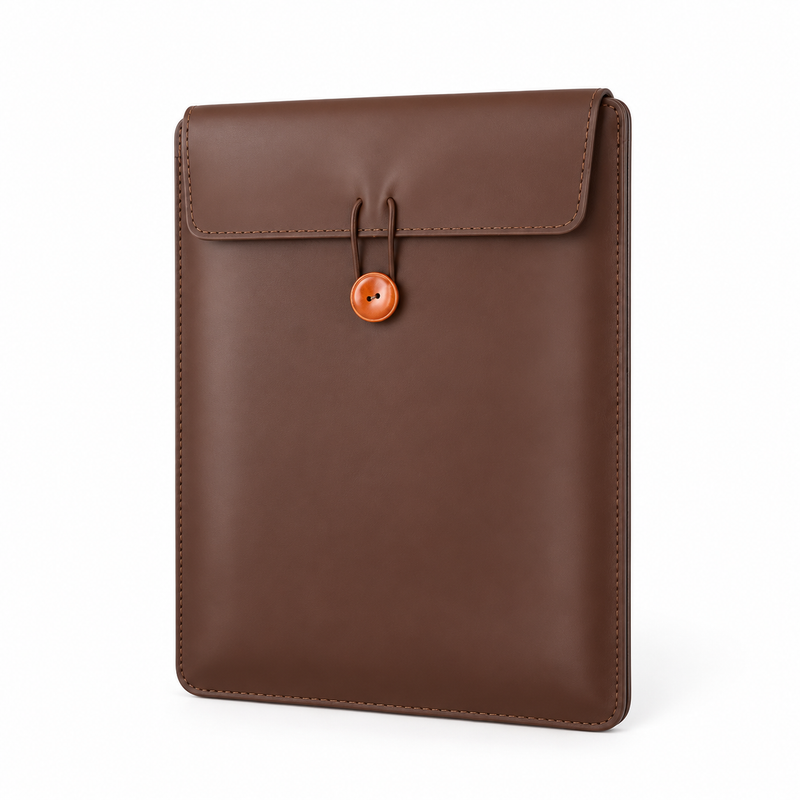 Brown Leather Laptop Bag Button Closure-3