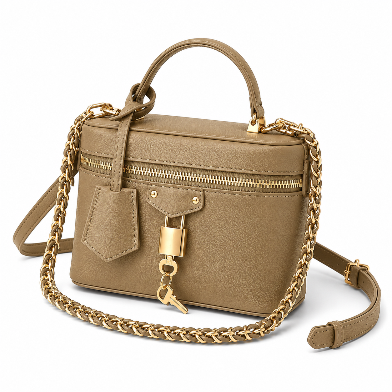 Khaki Structured Vanity Handbag with Gold Chain, Padlock & Key Charm-2