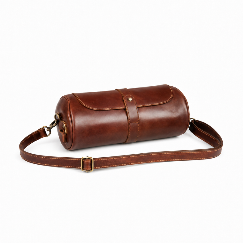 Vintage Brown Leather Barrel Crossbody Bag-4
