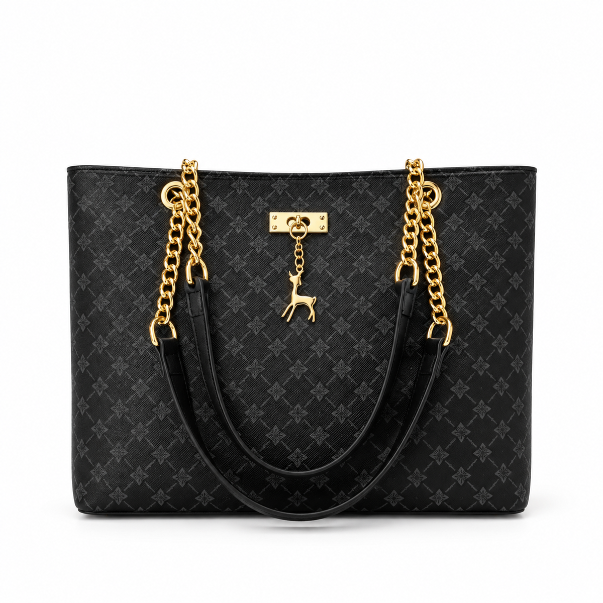 Elegant Black Monogram Chain Tote Bag-4