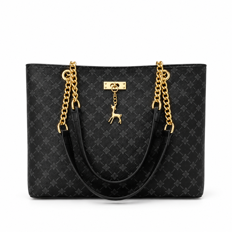 Elegant Black Monogram Chain Tote Bag-4
