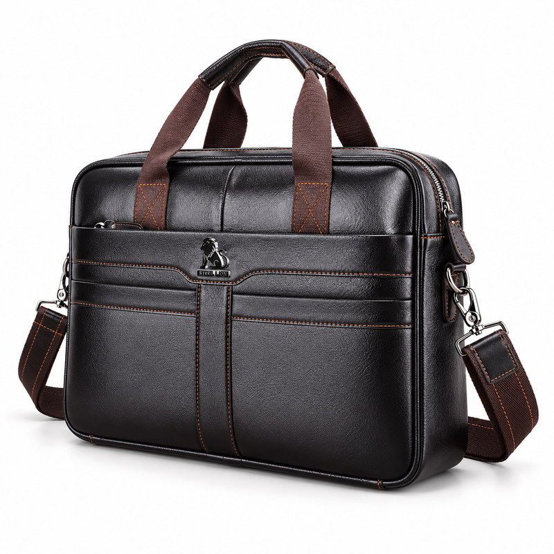Classic Coffee Leather Briefcase With Strap-2