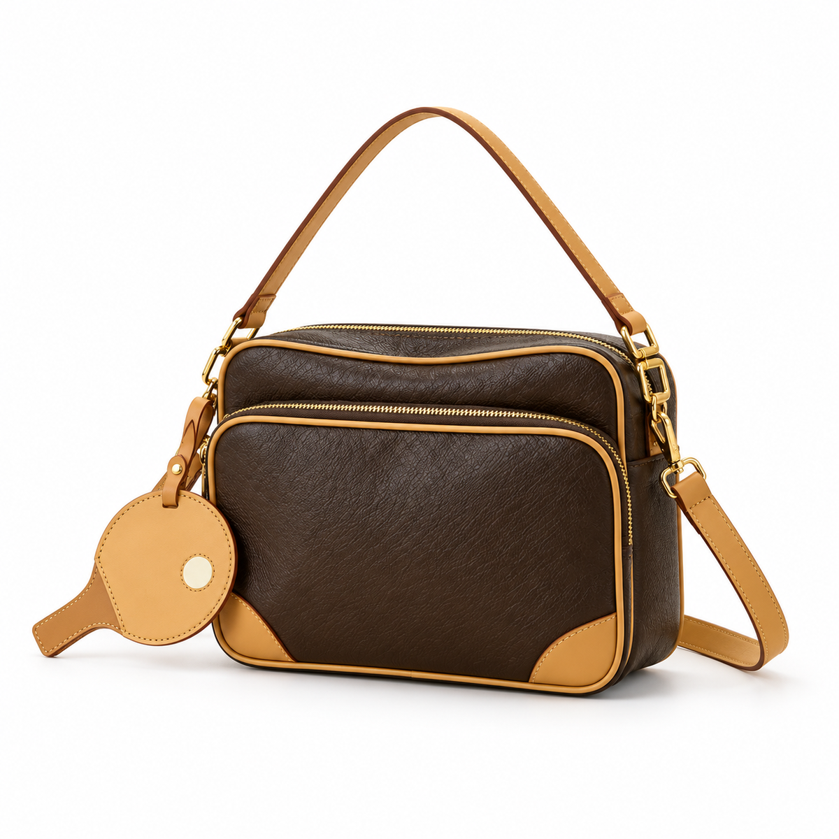 Classic Brown Leather Canvas Crossbody Bag-3