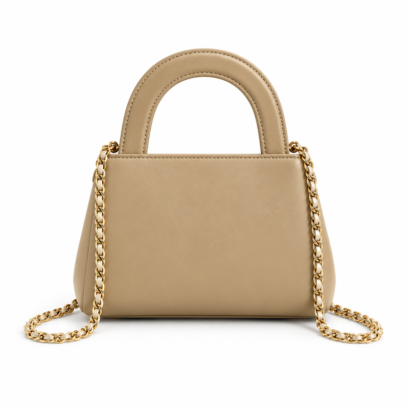 Khaki Vegan Leather Chain Handle Handbag-2