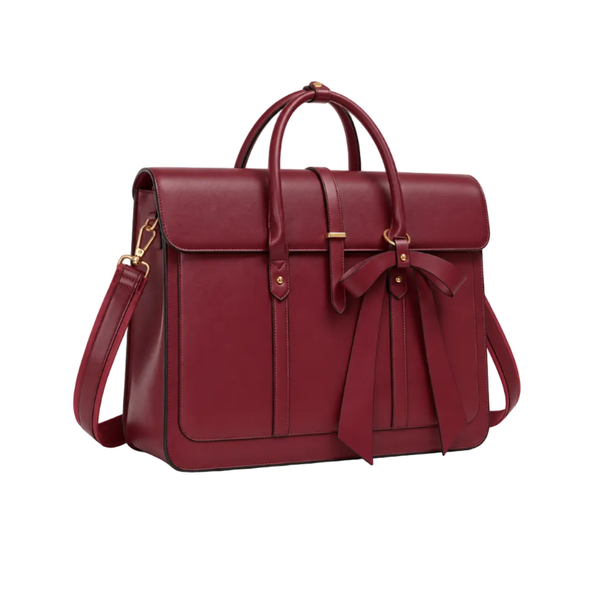 Burgundy Bow Detail Leather Laptop Bag-1