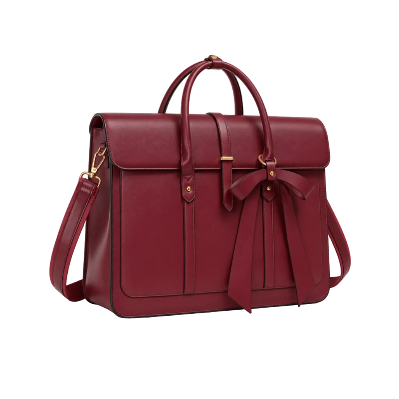 Burgundy Bow Detail Leather Laptop Bag-1