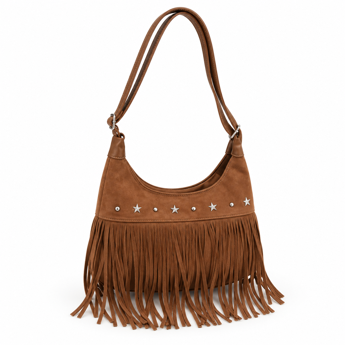 Vintage Brown Star Studded Fringe Shoulder Bag