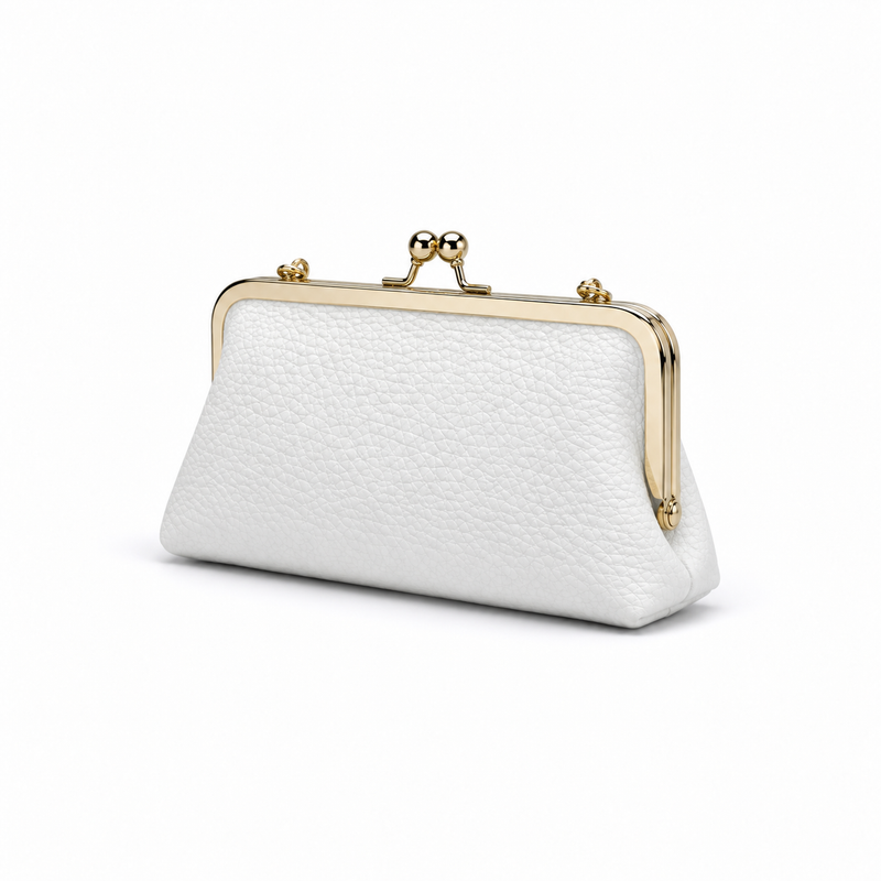 White Pebbled Leather Kiss-Lock Clutch Purse-3