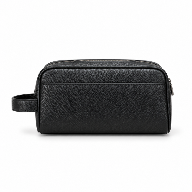 Black Pebbled Leather Toiletry Bag with Wrist Handle-2