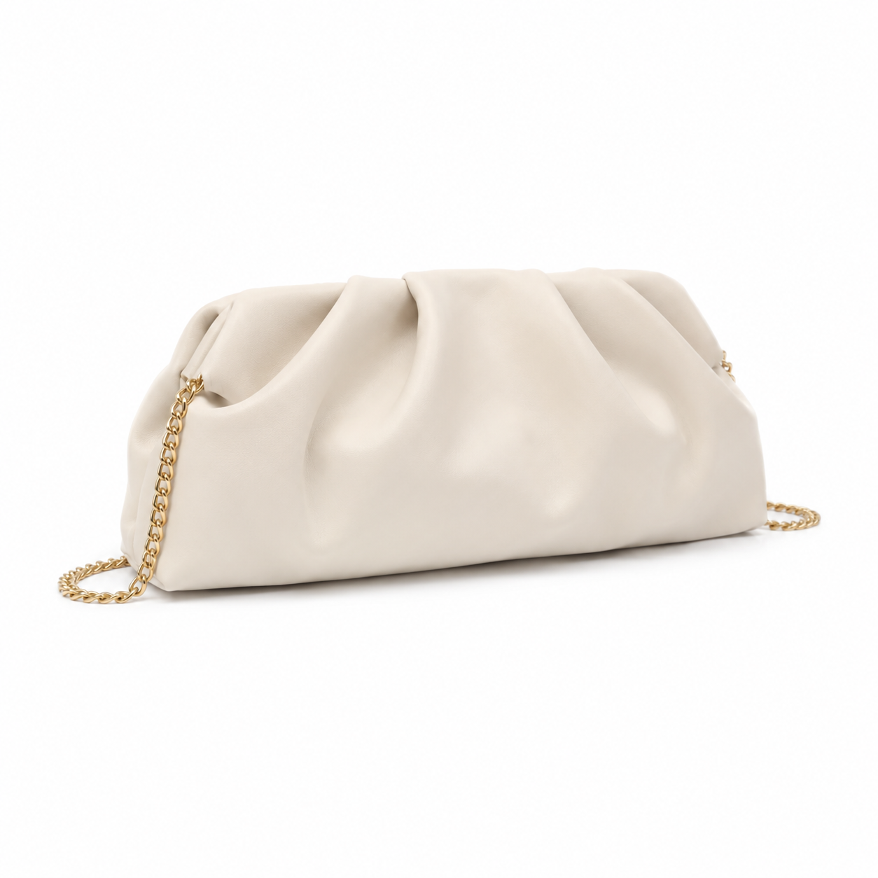 Ivory Ruched Clutch Bag with Gold Chain Strap-1