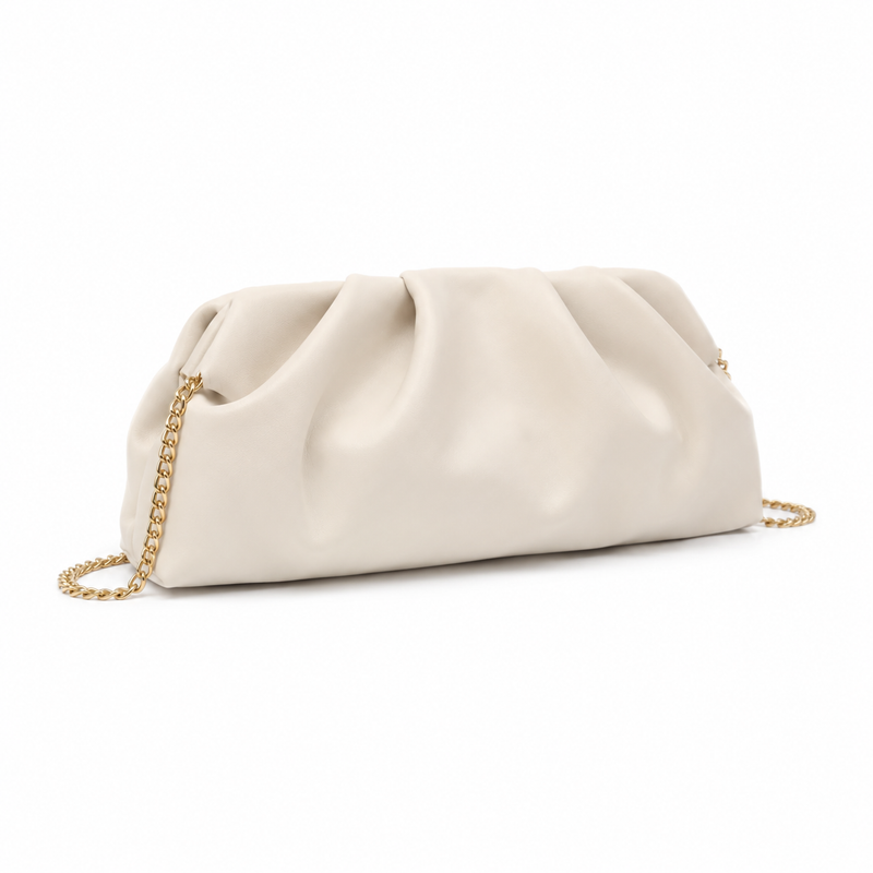 Ivory Ruched Clutch Bag with Gold Chain Strap-1