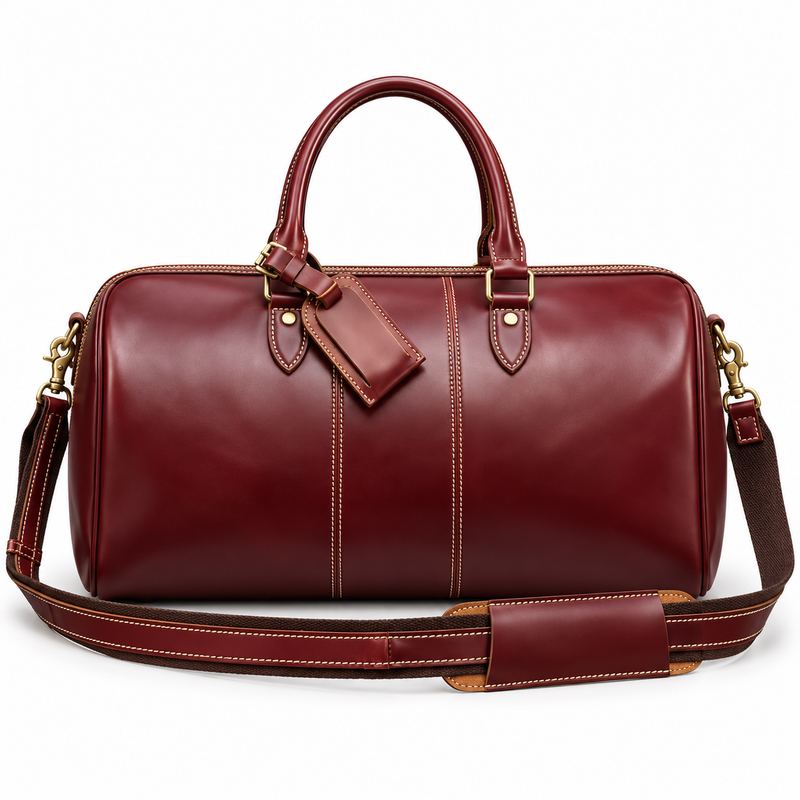 Classic Burgundy Leather Weekend Duffel Bag-4