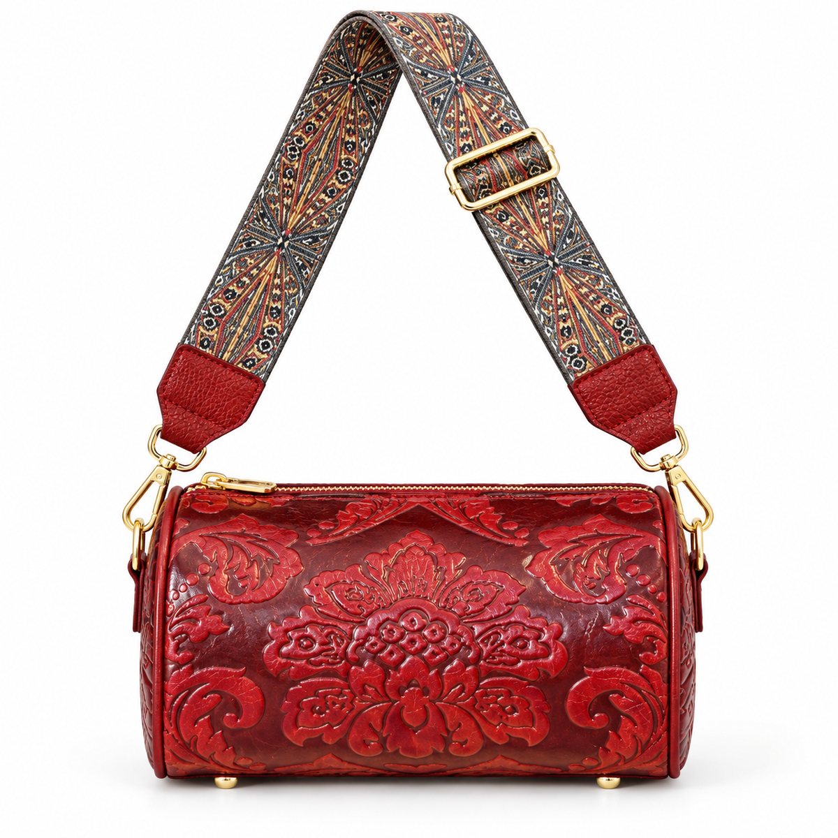 Burgundy Floral Embossed Vintage Crossbody Bag-4