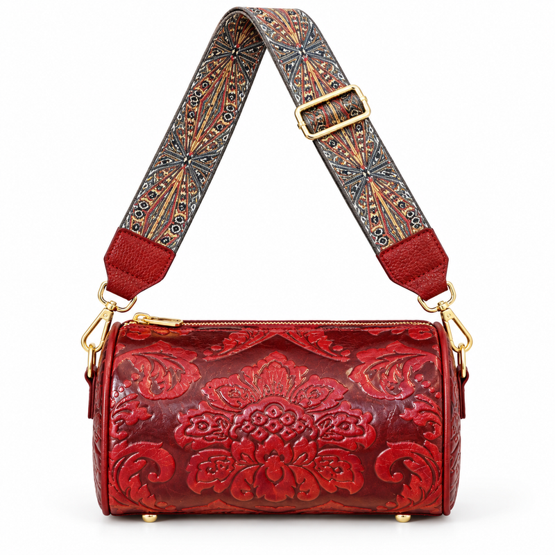 Burgundy Floral Embossed Vintage Crossbody Bag-4