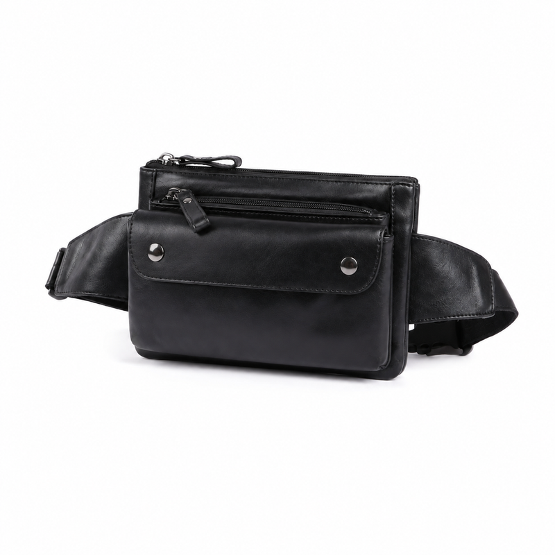 Black Multi-Pocket Leather Waist Bag-4