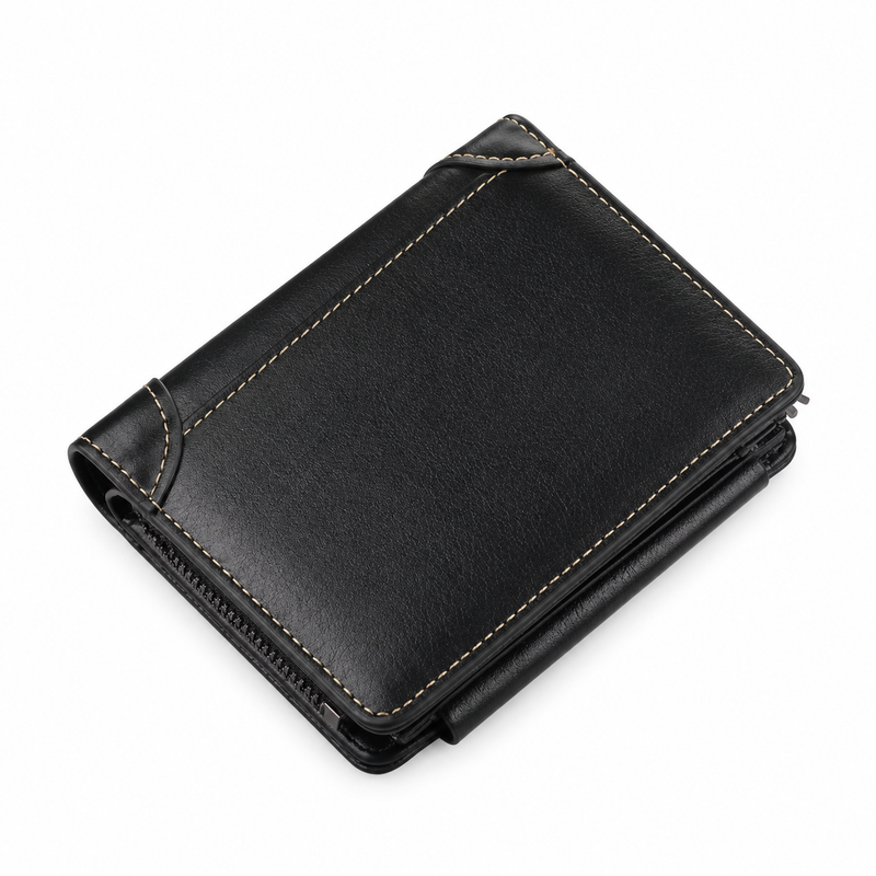 Classic Black Compact Wallet With Stitching-3