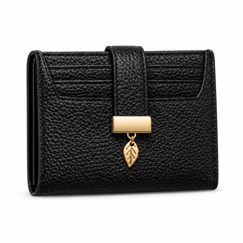 Black Pebbled Wallet With Golden Leaf-1